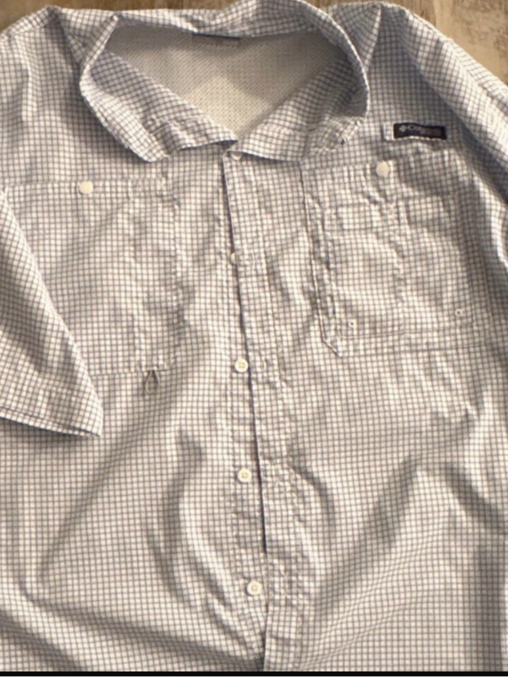 Columbia Men's Light Blue and White Checked Button-Down Shirt